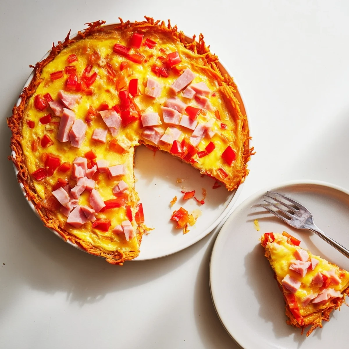 This savory Red Capsicum and Ham Quiche highlights the rich egg custard, smoked ham, and vibrant red capsicum baked into a sweet potato crust.