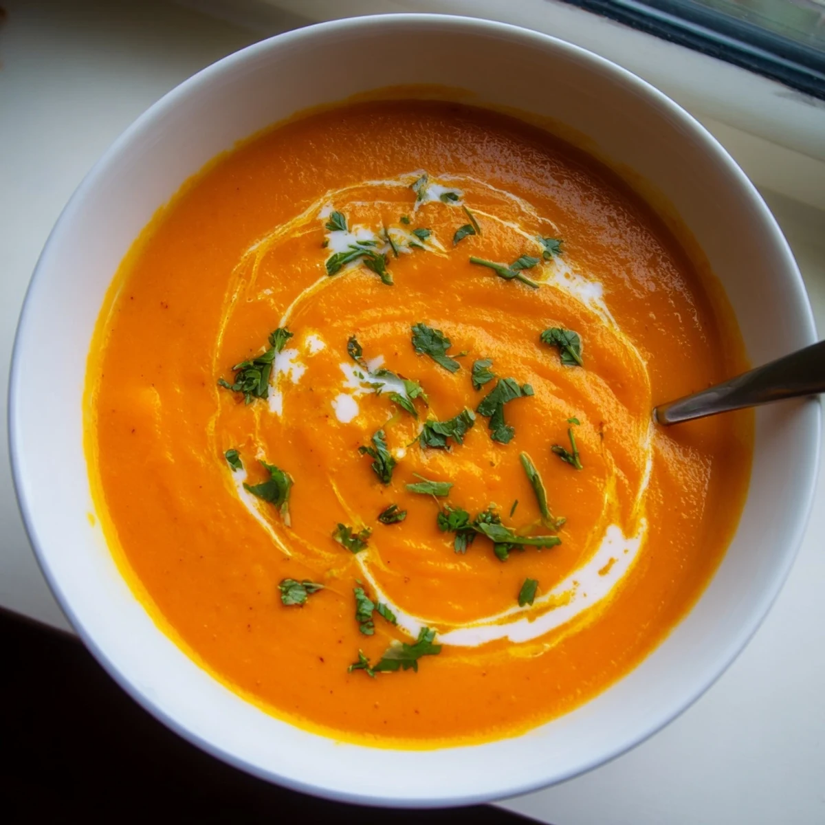 A bowl of velvety Creamy Carrot and Coriander Soup garnished with fresh herbs and a side of crisp Parmesan toasts.