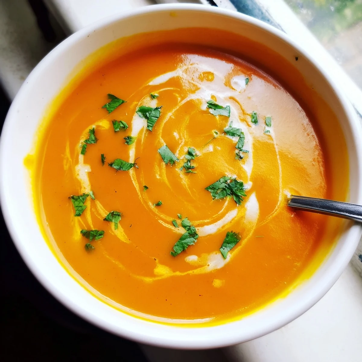 Close-up of golden, bubbling Parmesan toasts served beside a warm bowl of Creamy Carrot and Coriander Soup.