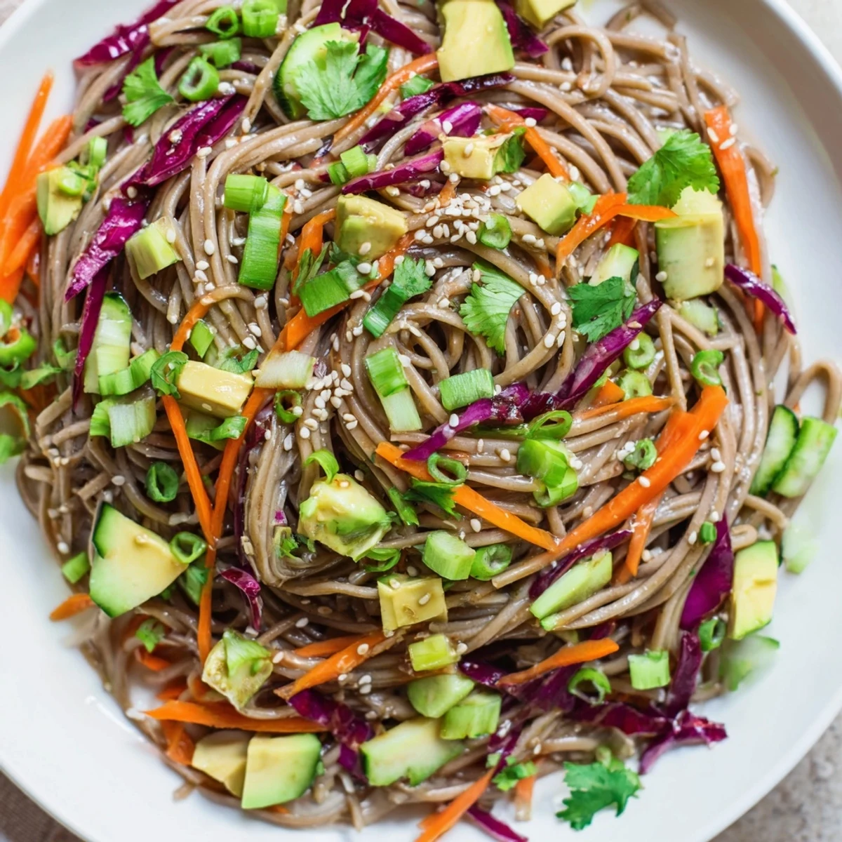 A refreshing Japanese-inspired Sesame Avocado and Soba Noodle Salad with julienned carrot and cucumber slices, ready for a light lunch.
