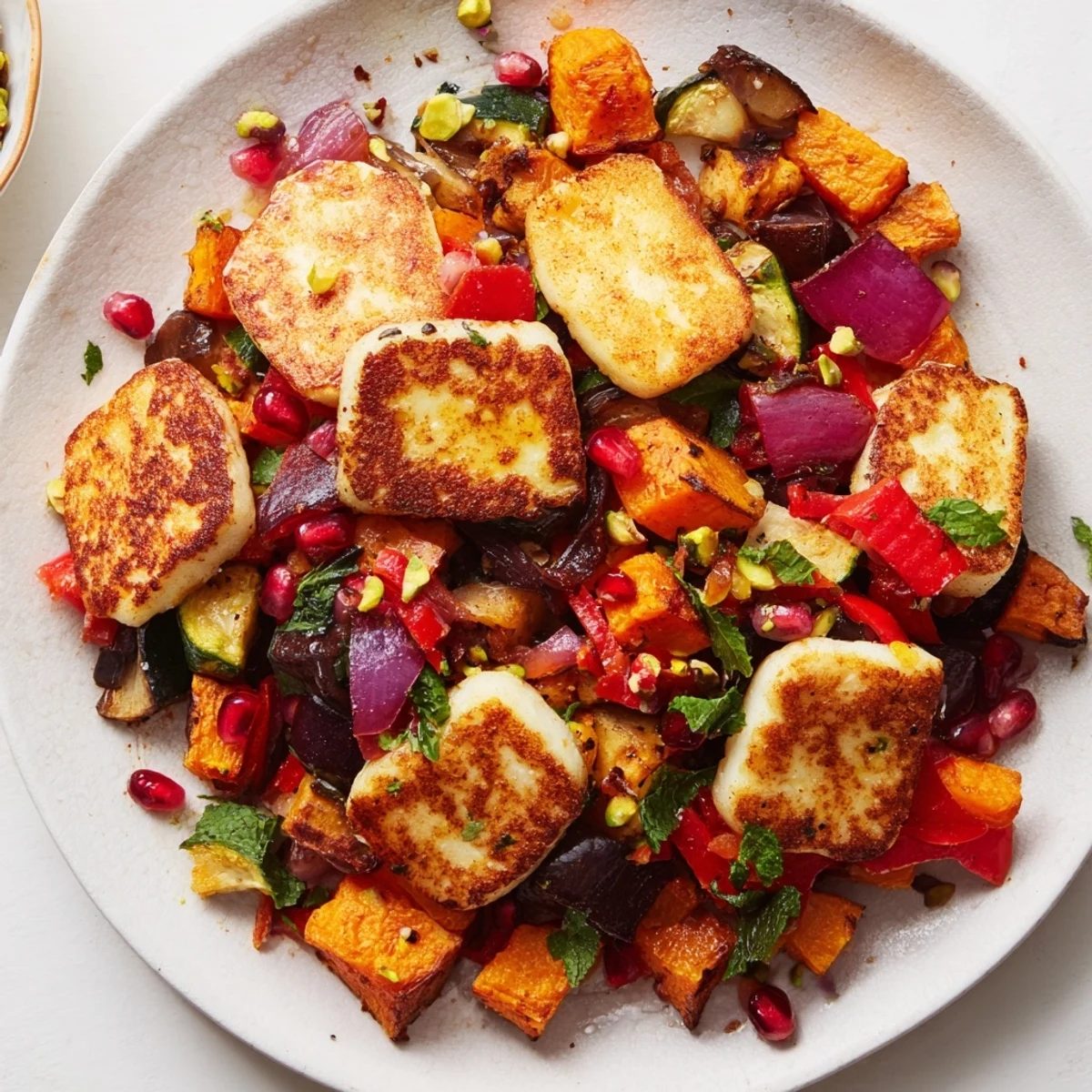 A close-up of Jewelled Haloumi With Spiced Vegetable Bake, golden cheese slices topped with jewel-like pomegranate seeds and fresh mint over caramelized vegetables.