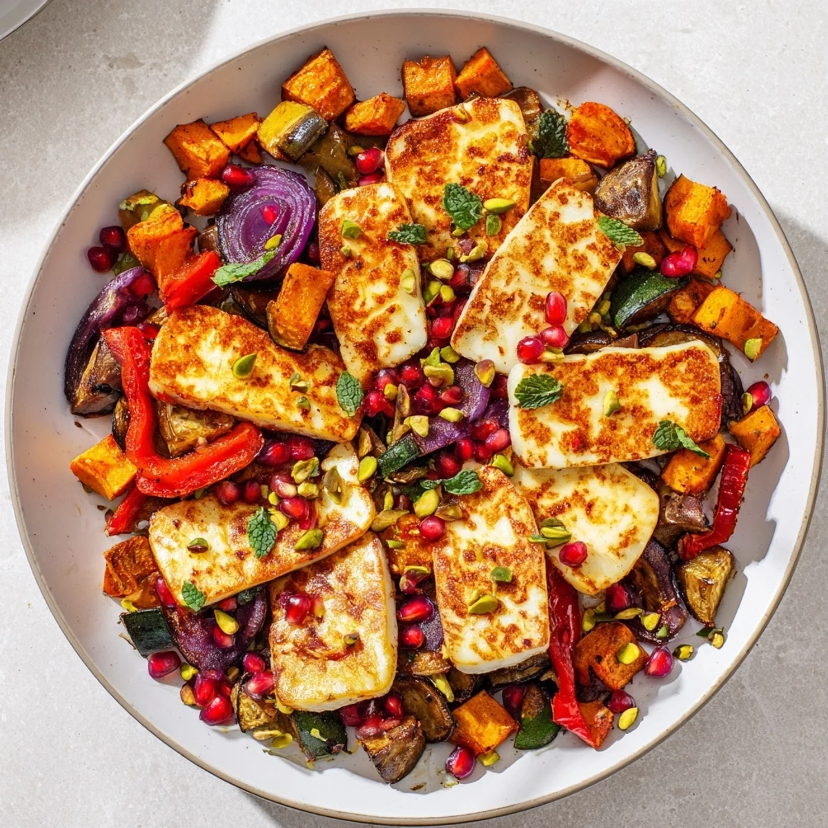Overhead view of Jewelled Haloumi With Spiced Vegetable Bake on a platter, colorful roasted veggies with pistachios and herbs ready to serve.