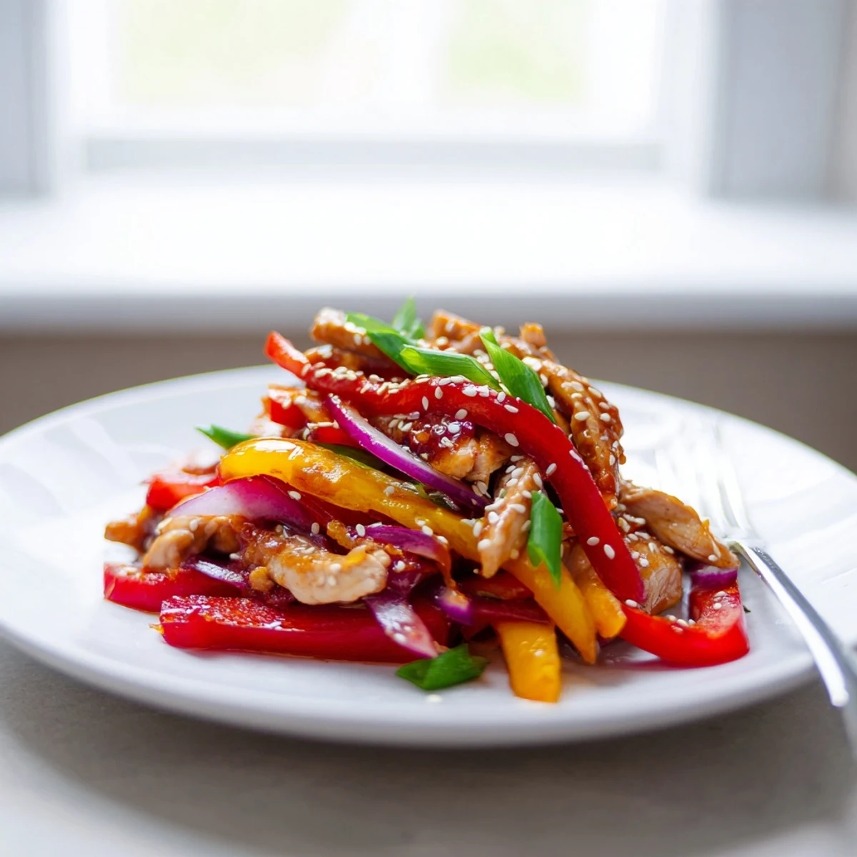 Juicy chicken and crisp bell peppers coated in tangy sweet chilli sauce for Quick Sweet Chilli Chicken Stir Fry.