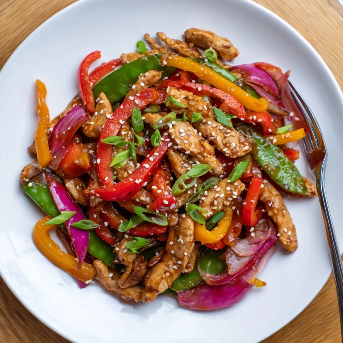 Tossing Quick Sweet Chilli Chicken Stir Fry with spring onions and sesame seeds next to steamed jasmine rice.