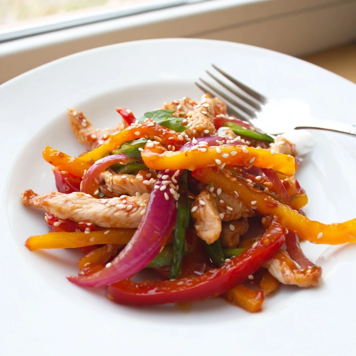 Sizzling wok with garlic and ginger for Quick Sweet Chilli Chicken Stir Fry, served over fluffy rice noodles.