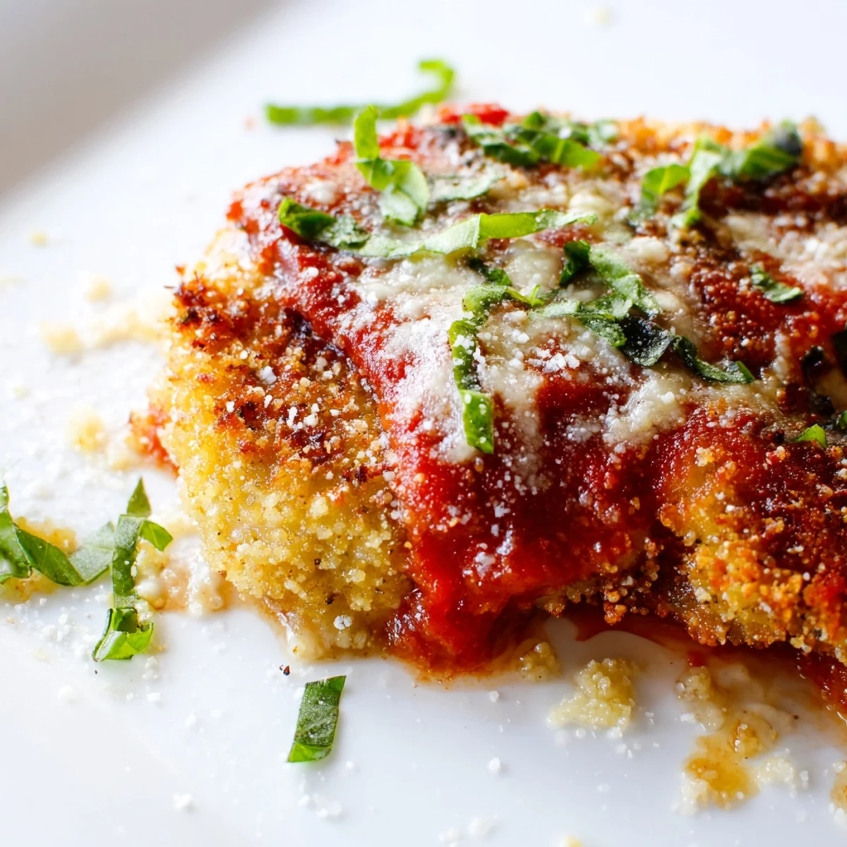 Golden, crispy breaded chicken breasts topped with bubbling mozzarella and rich marinara sauce, served on a plate.