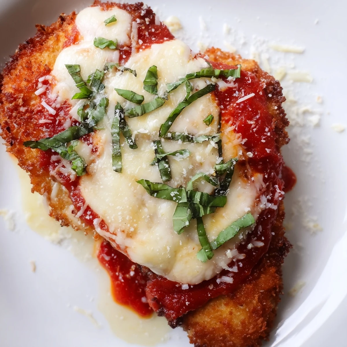 Savory Chicken Parmigiana baked to perfection with melted cheese and fresh basil garnish, ready to eat.