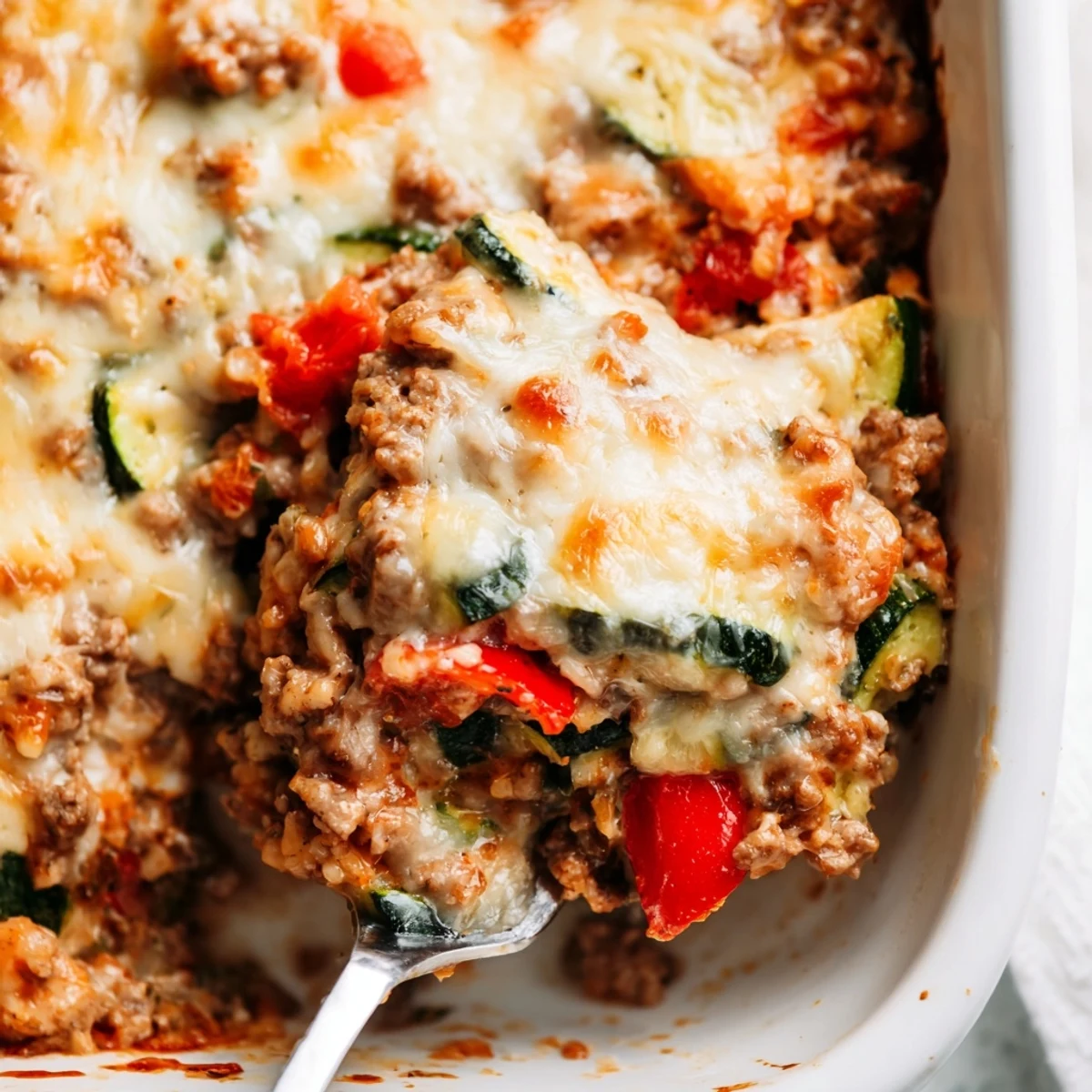 Easy Ground Turkey Zucchini Casserole baked in a dish, topped with bubbly mozzarella and Parmesan cheese.