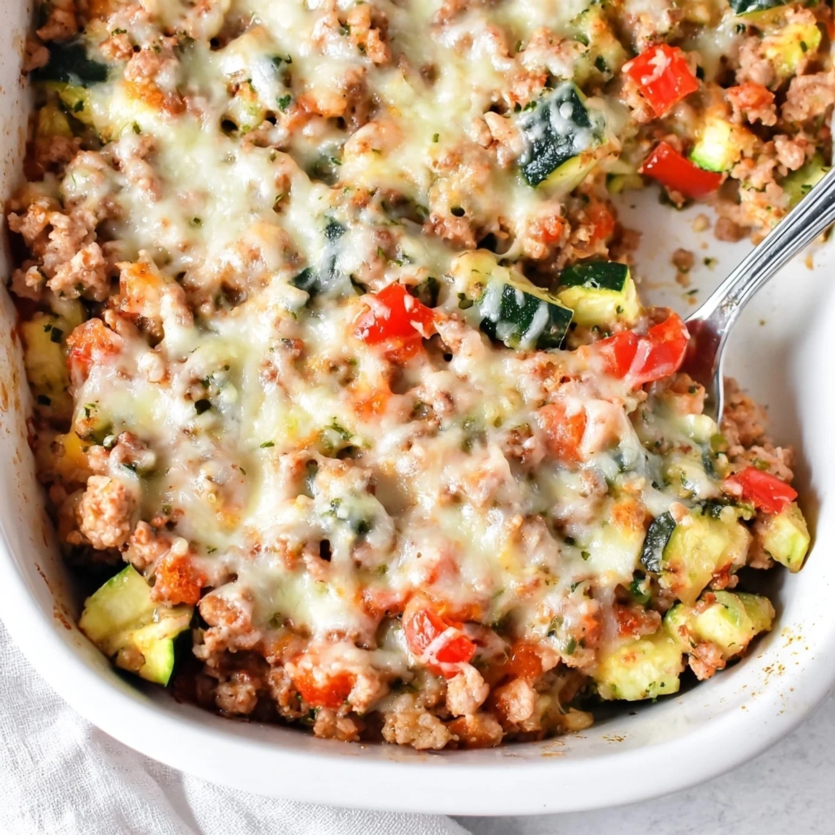 A serving dish of Easy Ground Turkey Zucchini Casserole with golden melted cheese and diced vegetables.