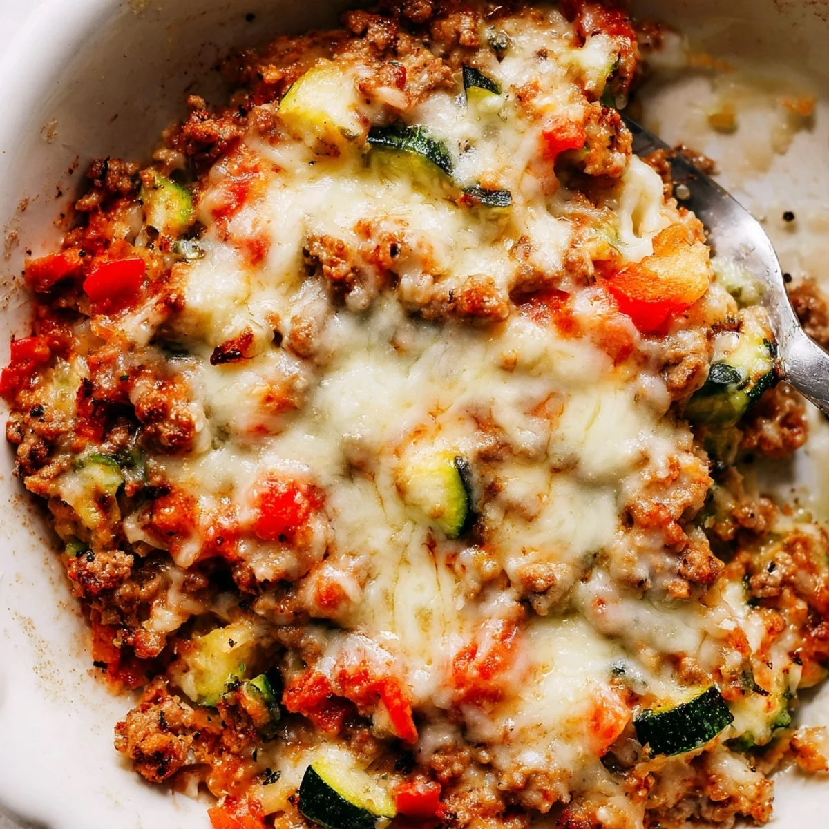 A spoon lifts a portion of Easy Ground Turkey Zucchini Casserole revealing tender zucchini and savory ground turkey.