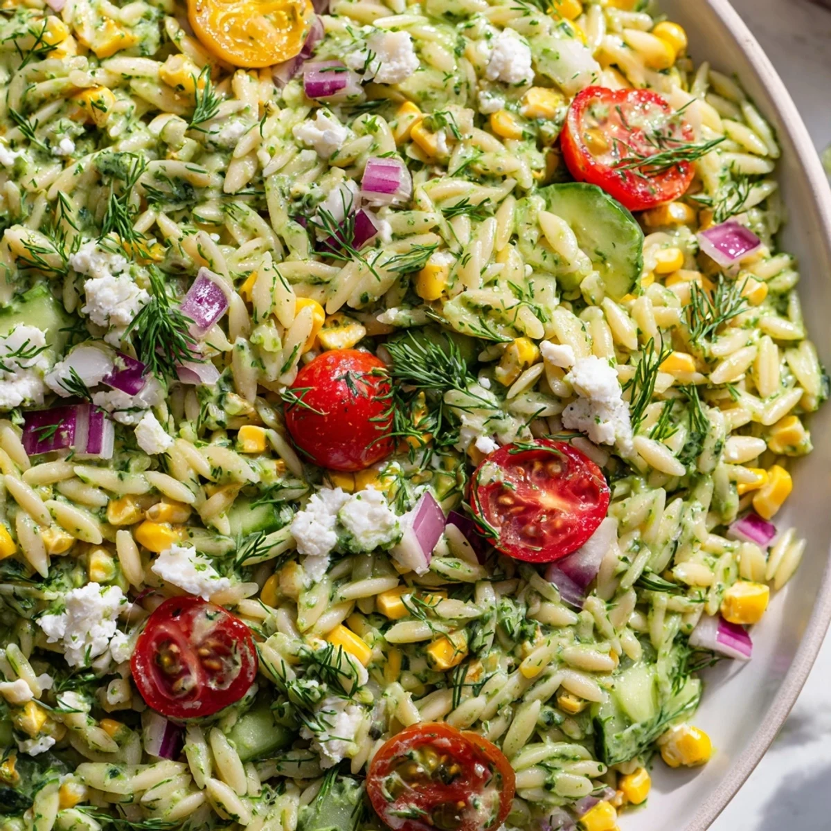 Bright summer colors pop in this Grilled Corn Orzo Salad with Scallion Dill Dressing, featuring juicy tomatoes and creamy feta.