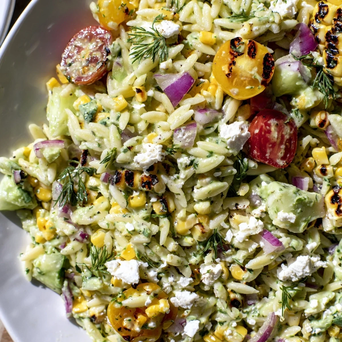 Freshly grilled corn adds smoky flavor to this Grilled Corn Orzo Salad with Scallion Dill Dressing, served chilled with crisp veggies.