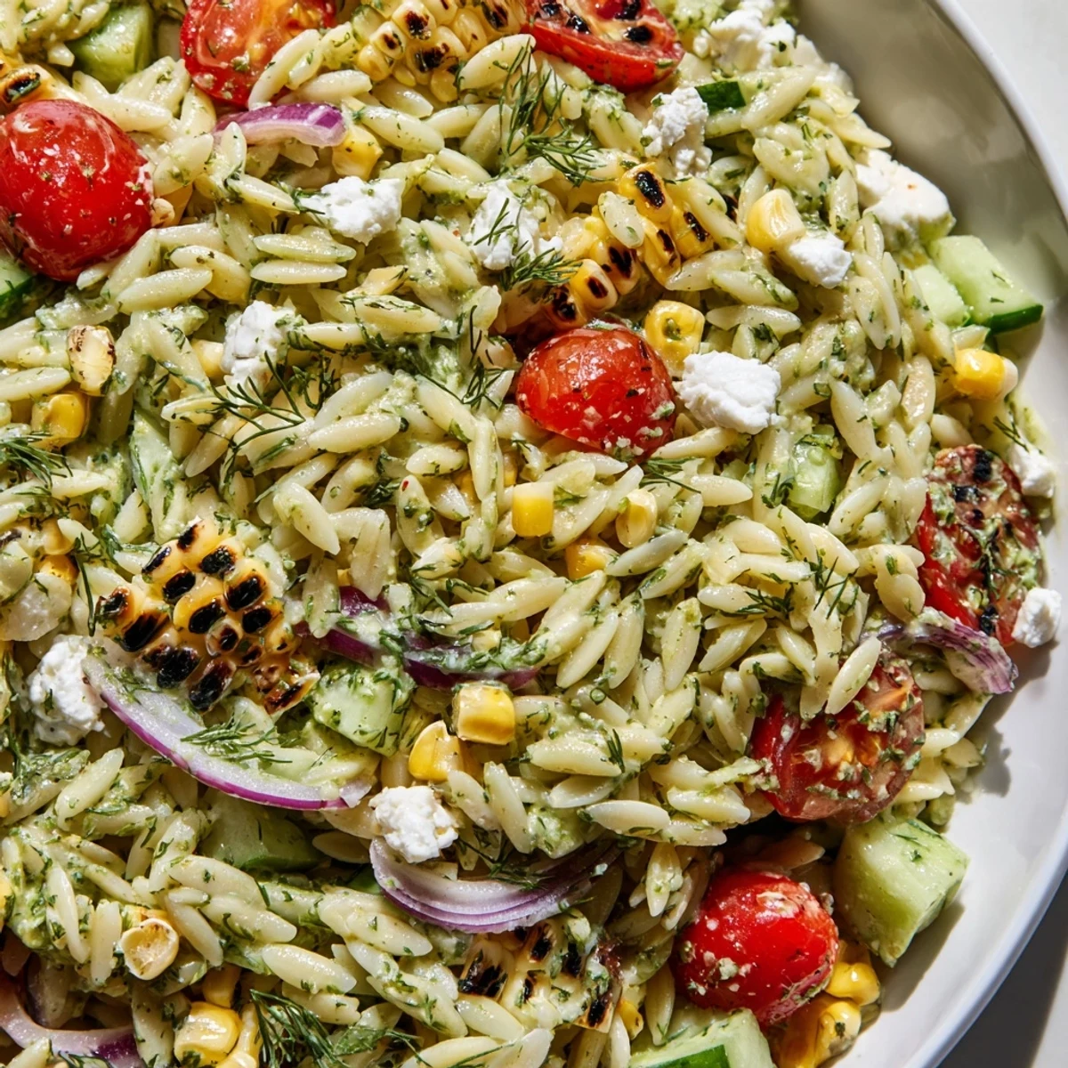 Serve this Grilled Corn Orzo Salad with Scallion Dill Dressing at a barbecue, tossed with crunchy cucumbers and zesty herbs.