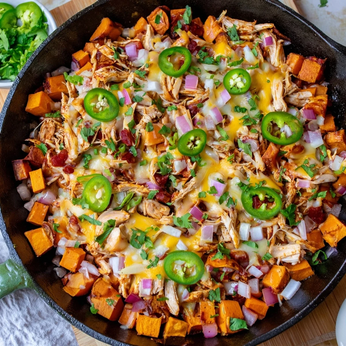 Golden melted cheddar and mozzarella blanket the Sweet Potato Skillet with BBQ Chicken & Cheese over smoky sweet potatoes and onions.