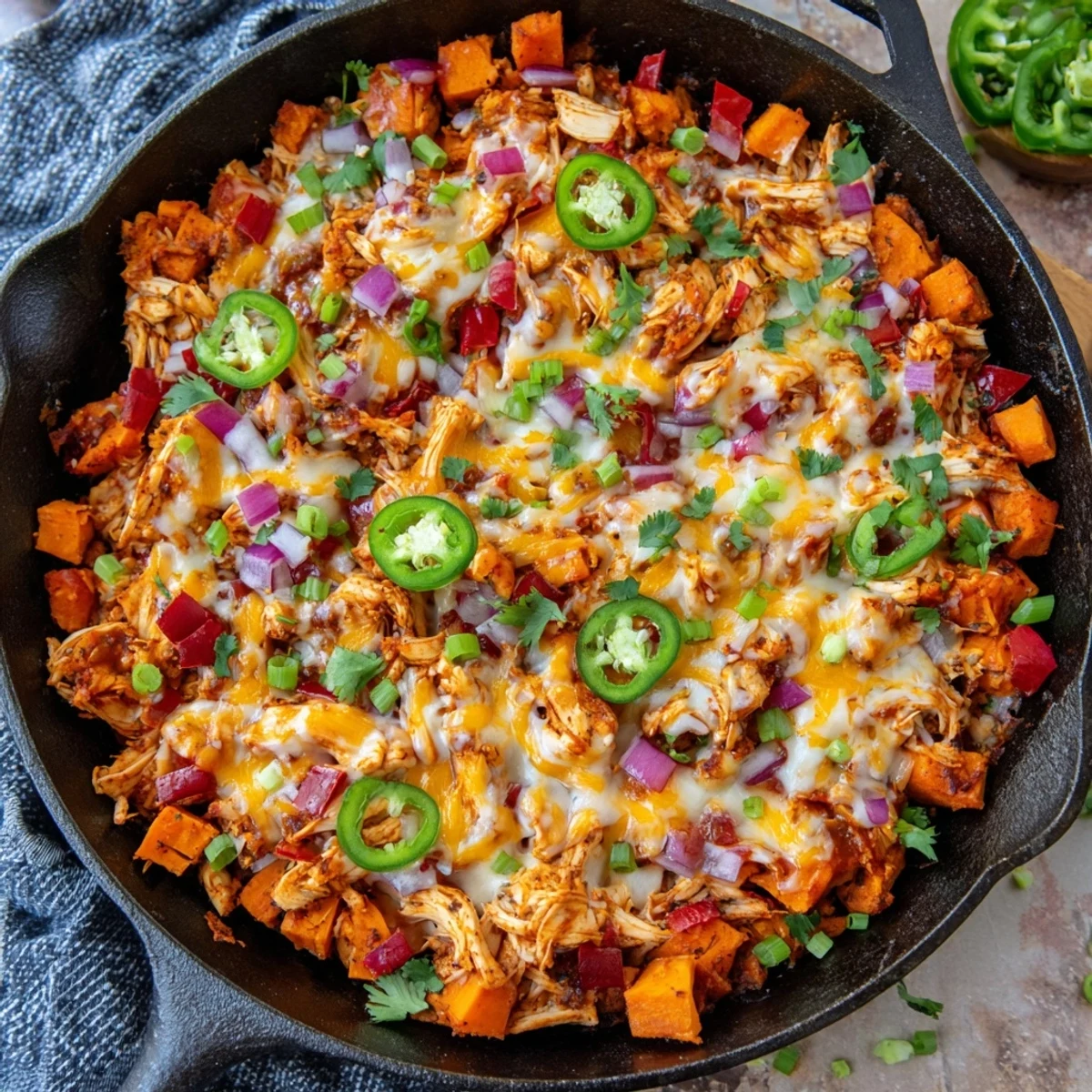 In the skillet, tender sweet potatoes mix with shredded BBQ chicken and melted cheese under fresh green onion garnish.