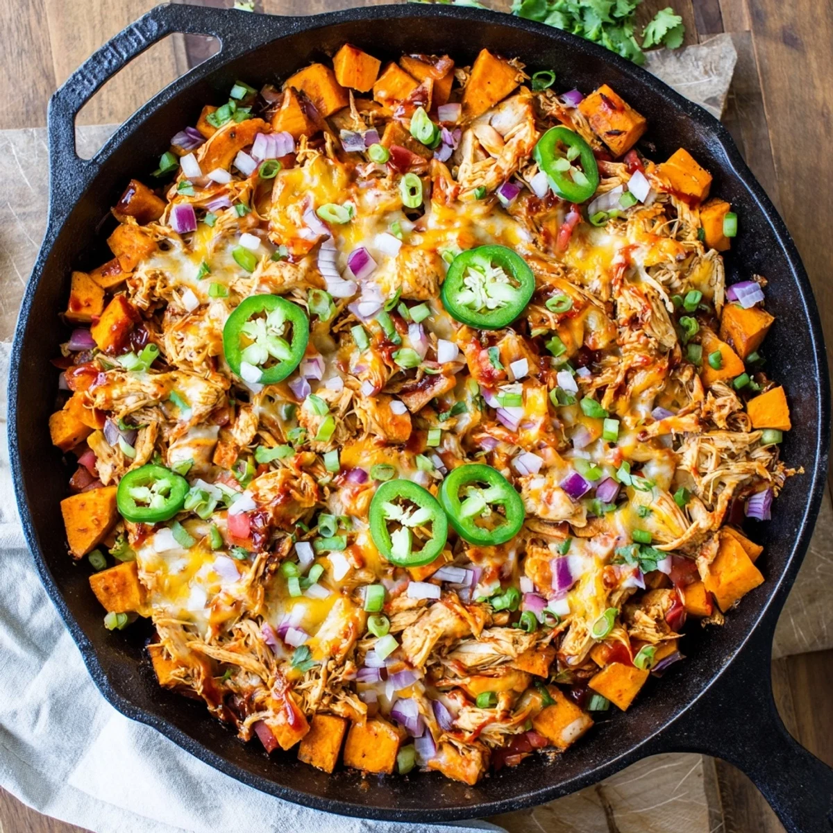Savory Sweet Potato Skillet with BBQ Chicken & Cheese served hot with jalapeño slices and cilantro for a colorful dinner.
