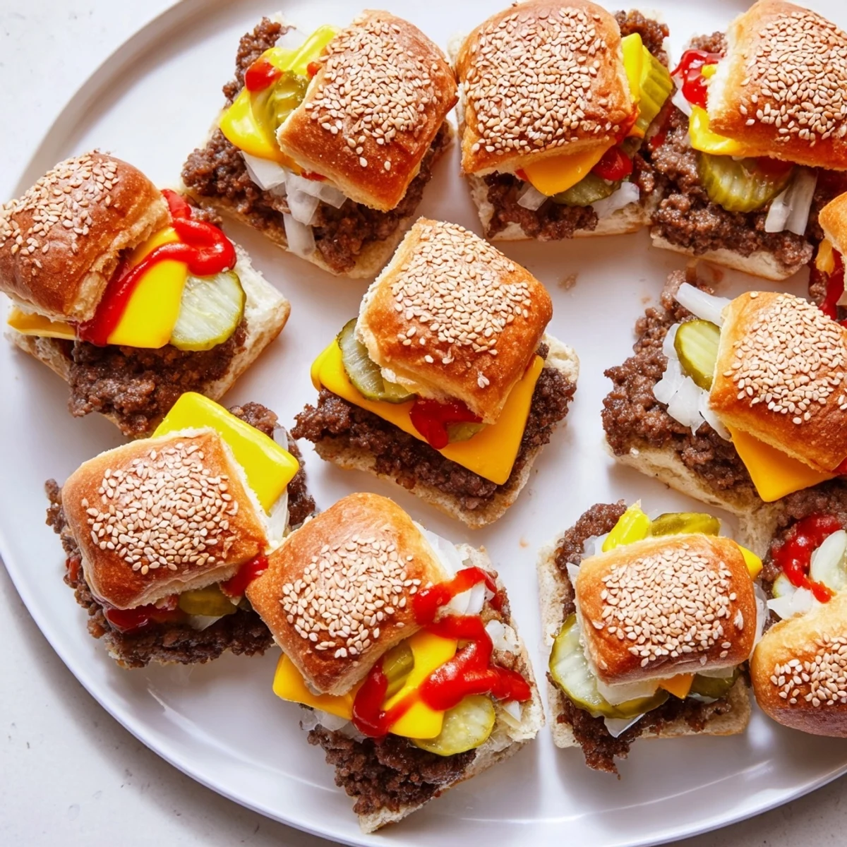 Freshly baked White Trash Sliders with melted American cheese and tangy pickles on soft sesame buns.