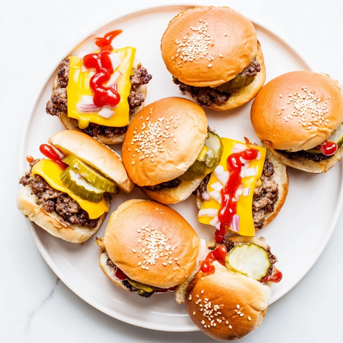 Golden-brown White Trash Sliders sit on a platter, topped with ketchup, mustard, and diced white onion.