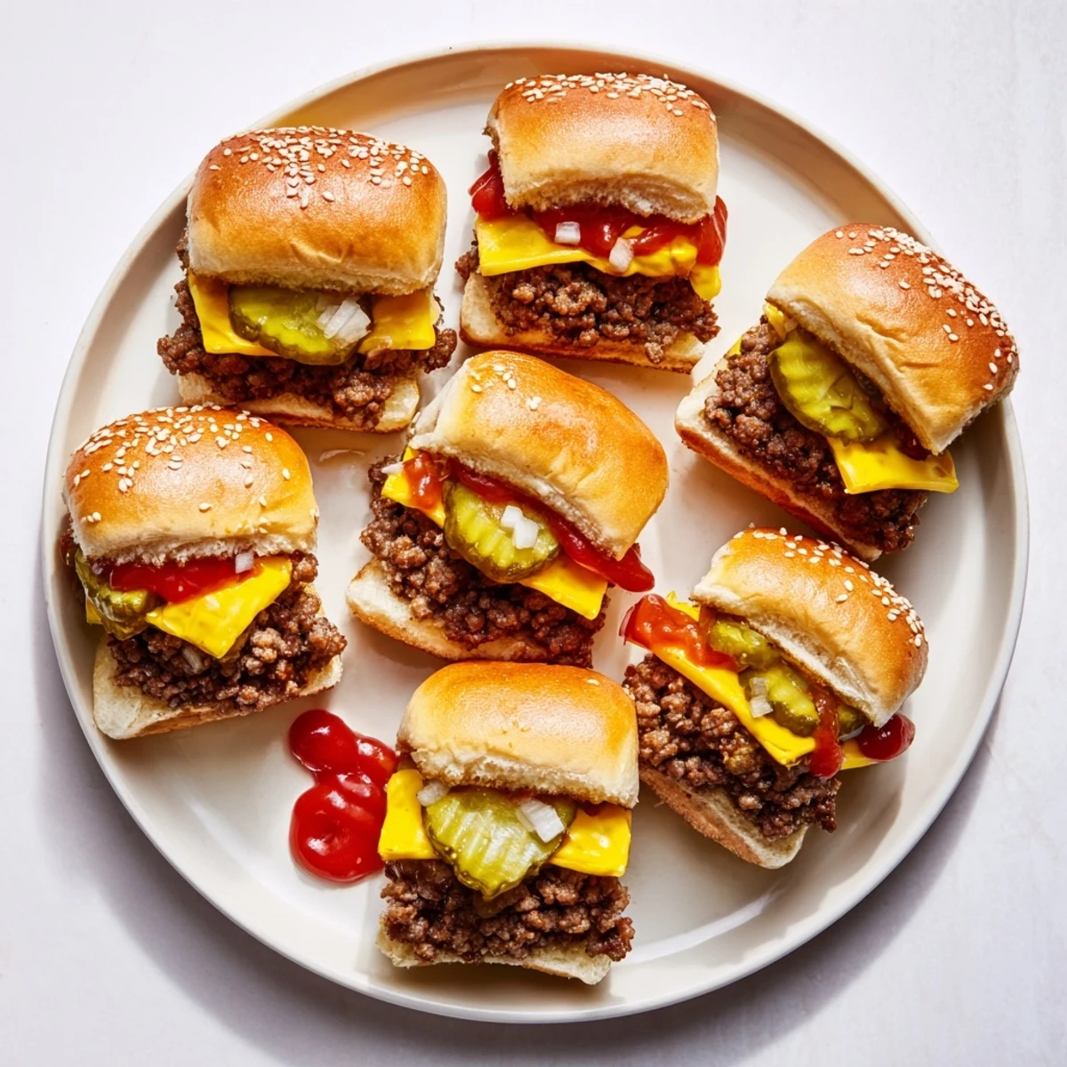 Warm White Trash Sliders ready for game day, stacked high with juicy beef patties and classic toppings.