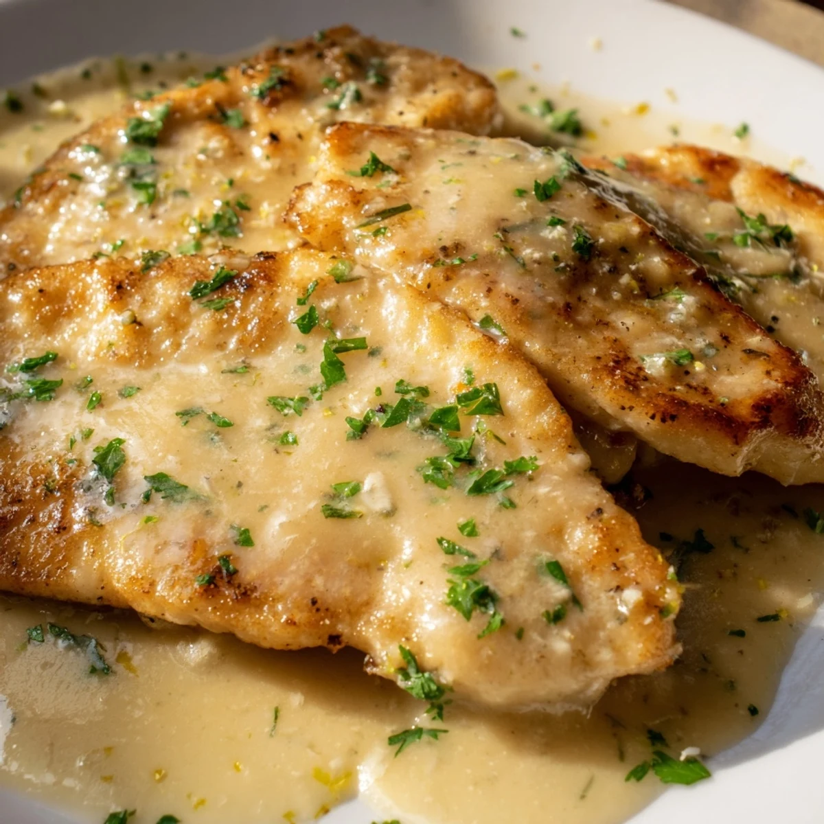 Golden pan-seared chicken breasts in a creamy Parmesan Lemon Chicken sauce with fresh parsley garnish.  