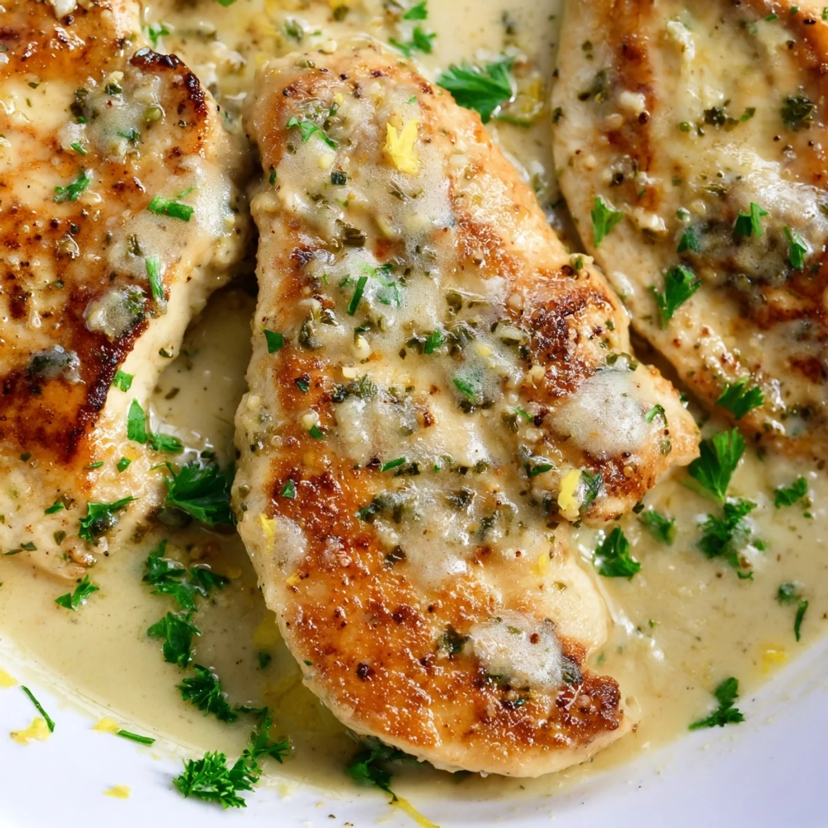 Gluten-free creamy Parmesan Lemon Chicken served with mashed potatoes and steamed vegetables on a white plate.