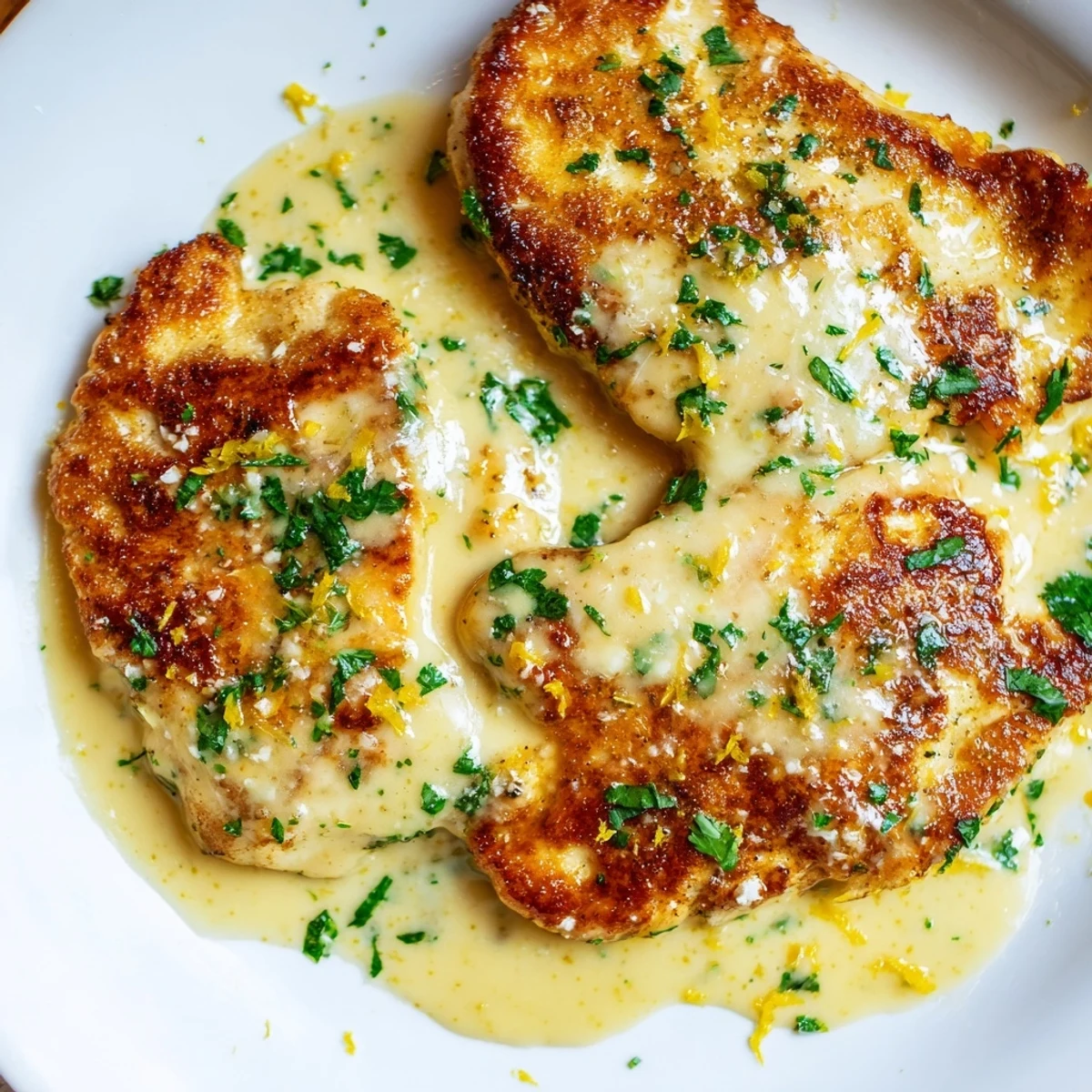 Juicy chicken simmered in velvety lemon-Parmesan cream sauce, paired with pasta and a lemon wedge.  