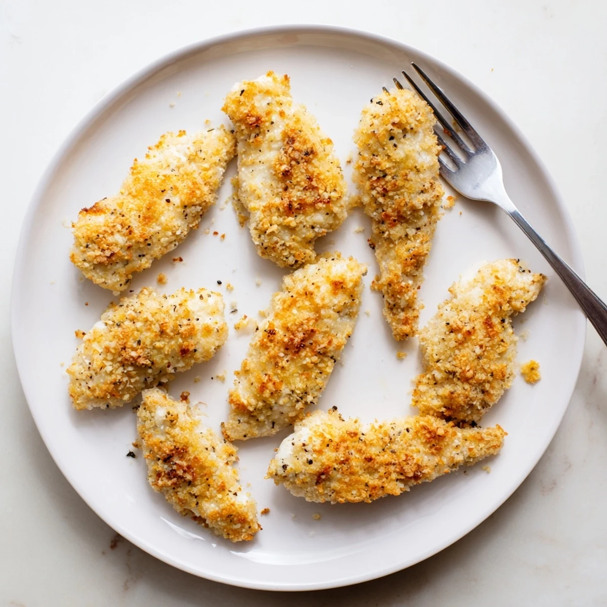 Golden, crispy Baked Garlic Parmesan Chicken breasts rest on a white plate next to fresh parsley.  