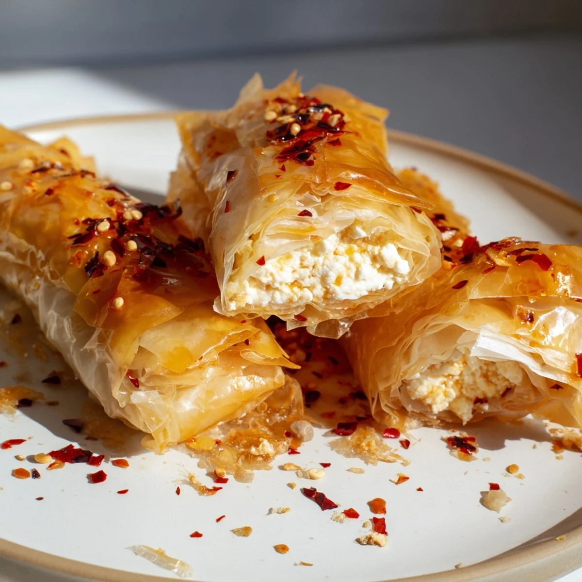 Crispy Oven Fried Feta Rolls with Spicy Chili Honey served warm with a glossy drizzle on a rustic plate.
