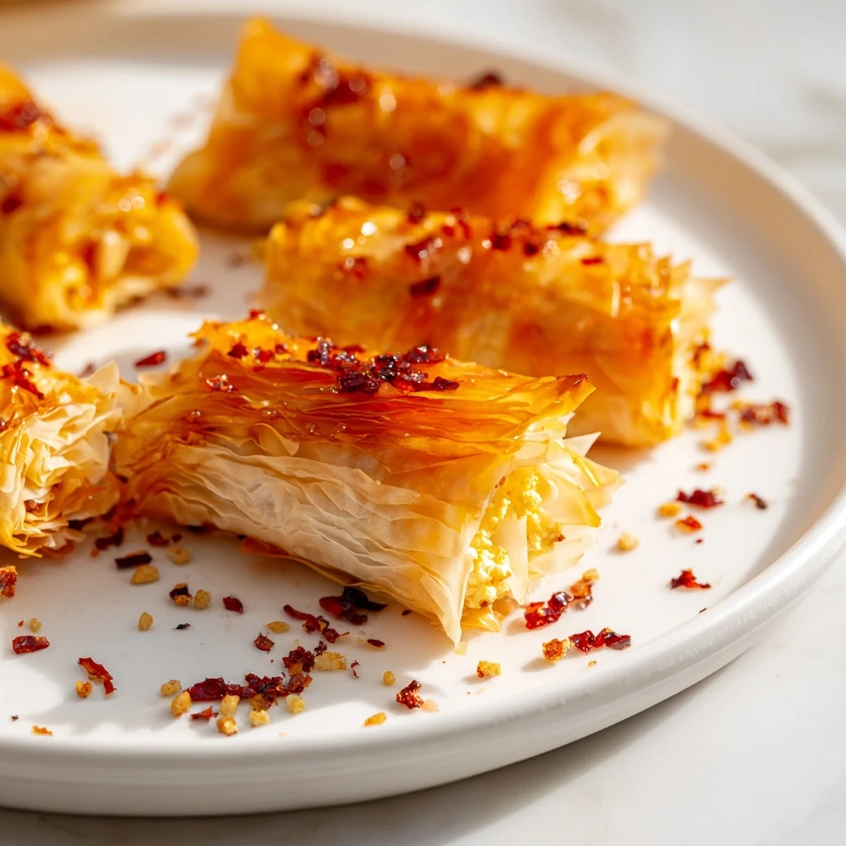 Freshly baked Oven Fried Feta Rolls with Spicy Chili Honey stacked and paired with a small dipping bowl.