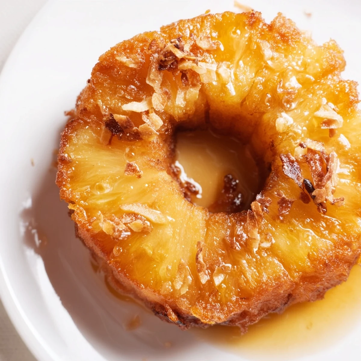 A close-up of crispy, battered Fried Pineapple rings on a plate, topped with scoops of vanilla ice cream for a tropical dessert.