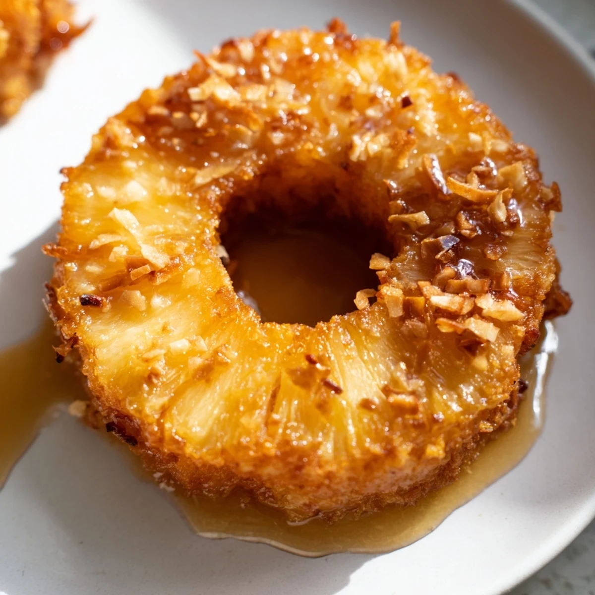 Freshly fried Fried Pineapple rings draining on paper towels, revealing juicy interiors and a golden, crunchy cinnamon-spiced coating.