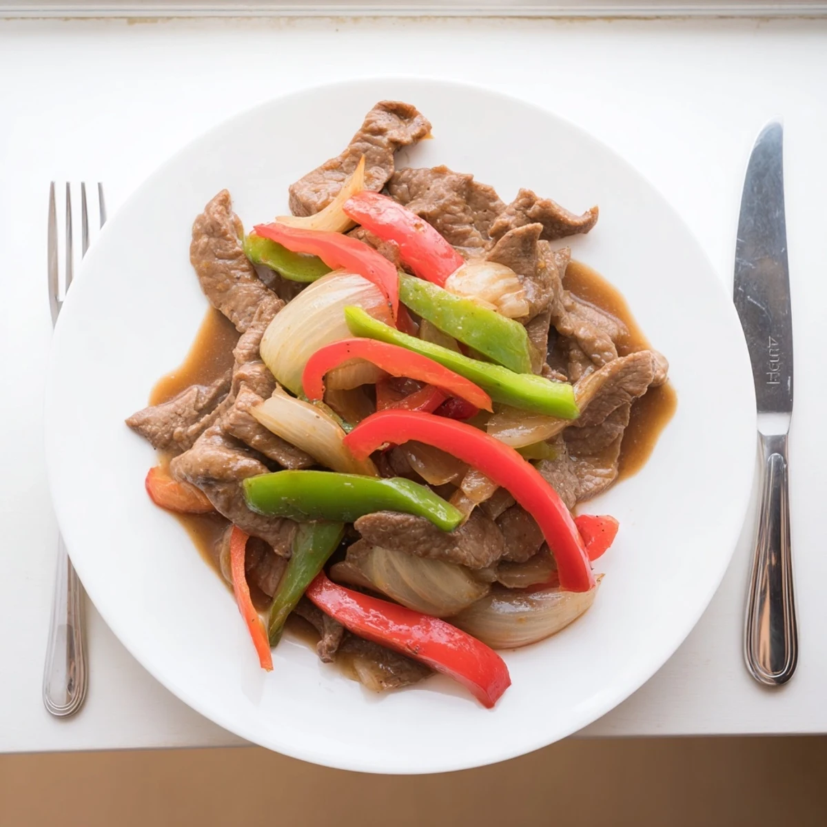 Sizzling Chinese Pepper Steak with Onions stir-fried with colorful bell peppers in a sizzling wok, served over steamed white rice.