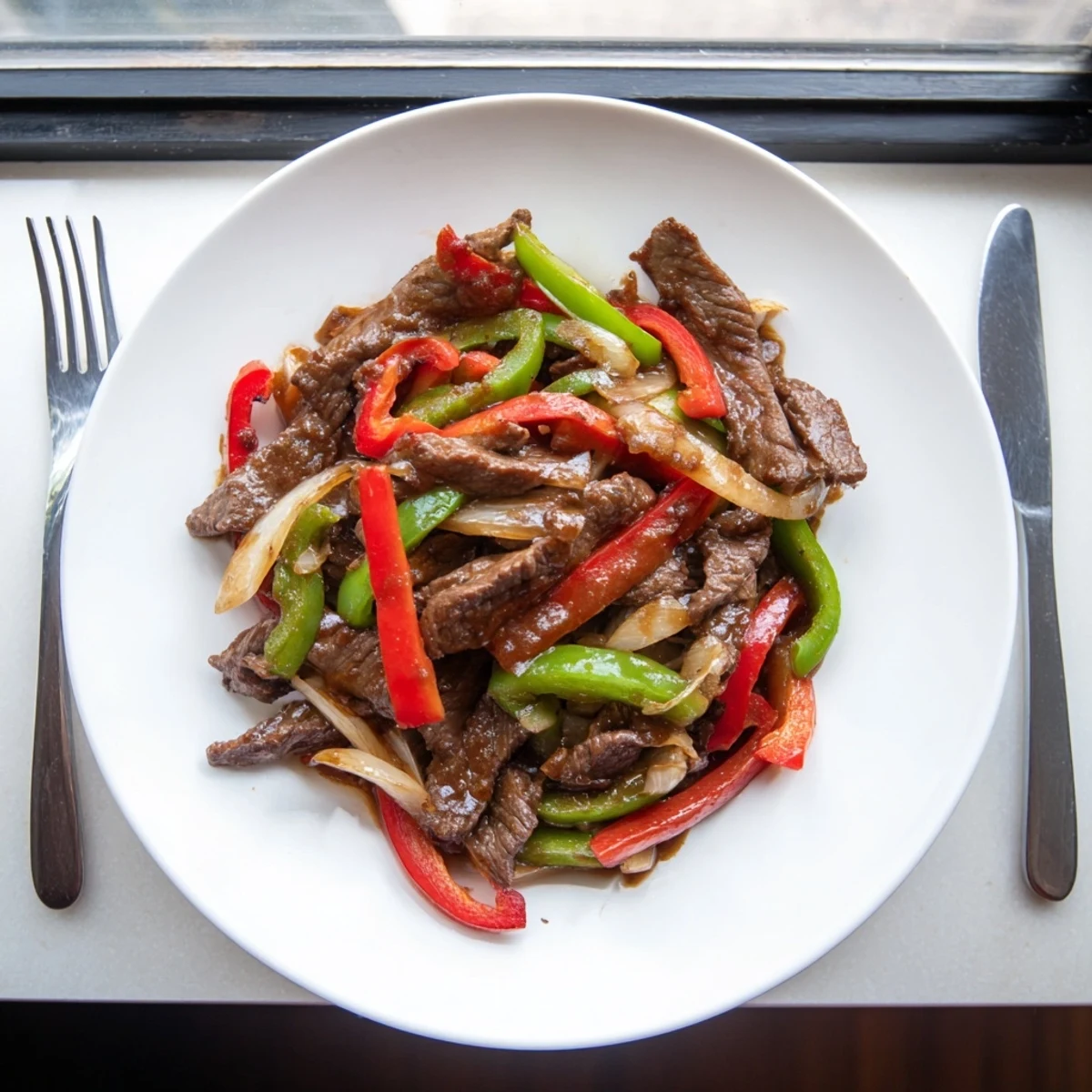 Tender beef strips in Sizzling Chinese Pepper Steak with Onions, glossy sauce clinging to crisp peppers and onions on a dinner plate.