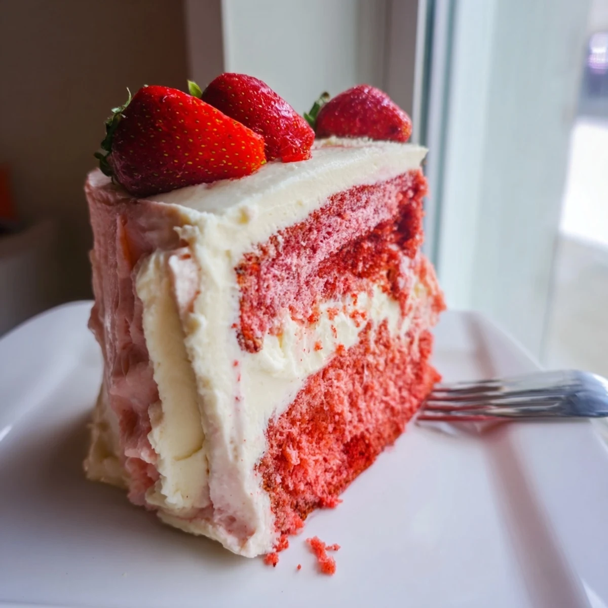 A close-up of the finished Strawberry Velvet Cake, showcasing its soft pink crumb and thick cream cheese frosting.