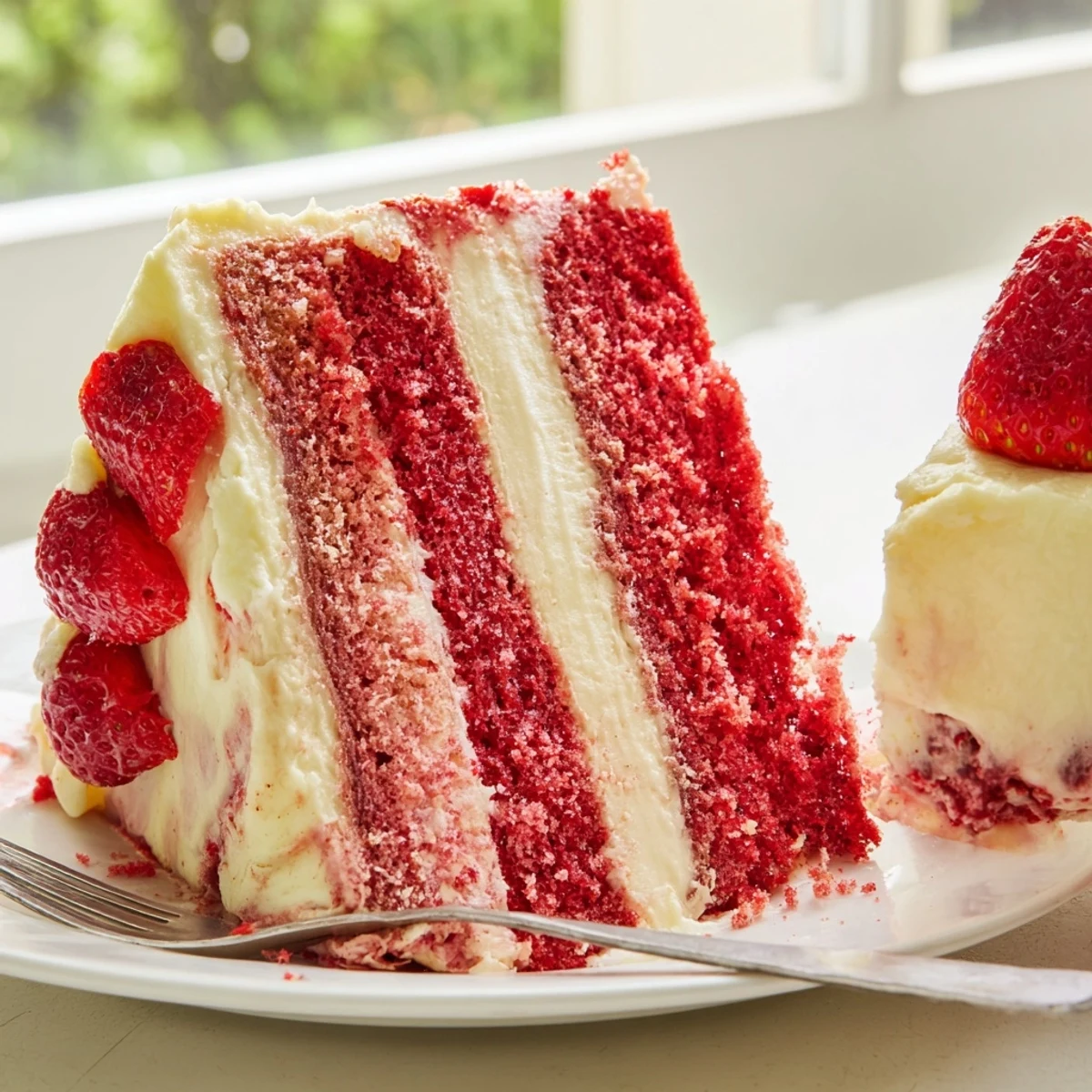 A slice of Strawberry Velvet Cake on a plate, topped with fresh strawberry halves and a drizzle of purée.