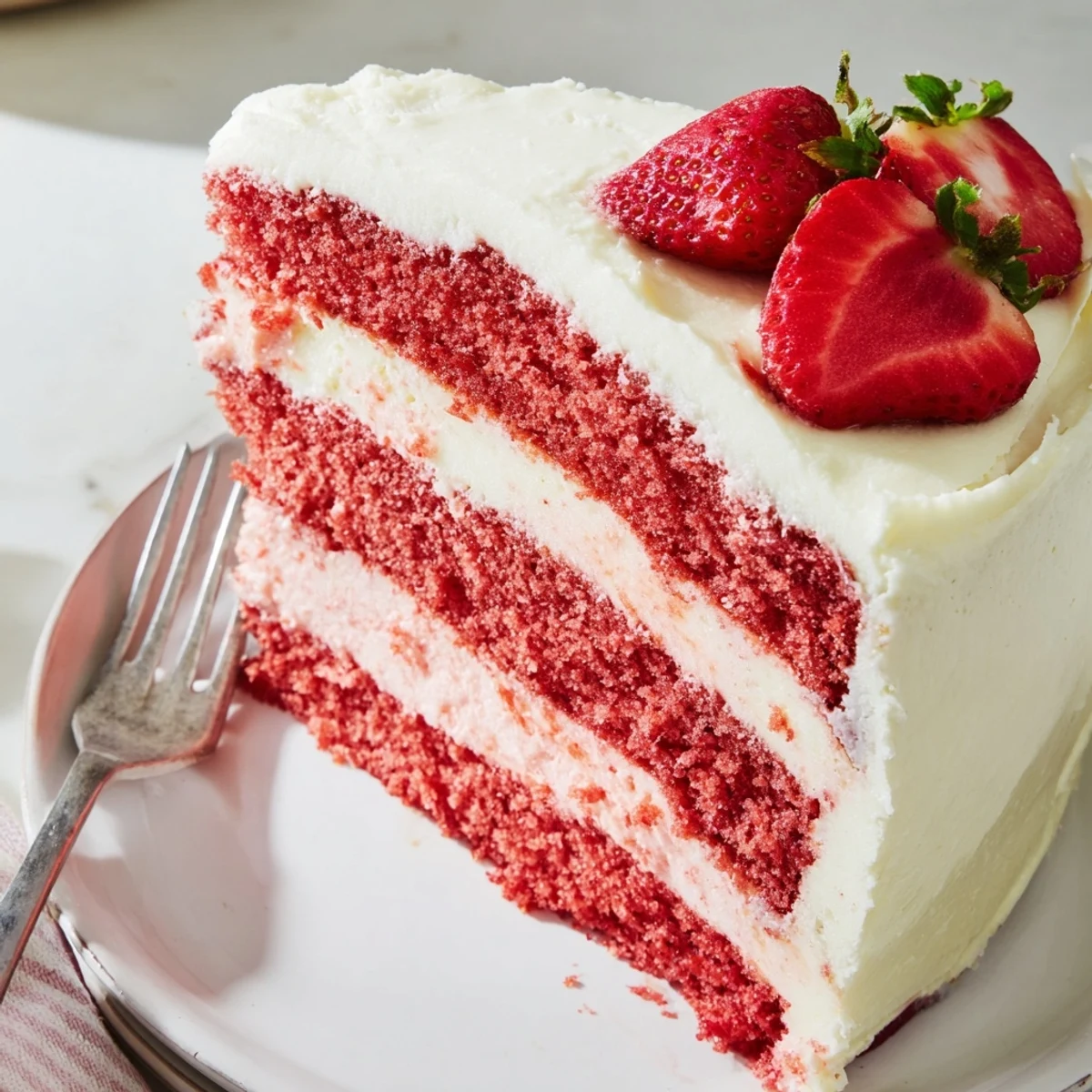 A whole Strawberry Velvet cake on a stand, decorated with piped frosting swirls and ripe red strawberries.