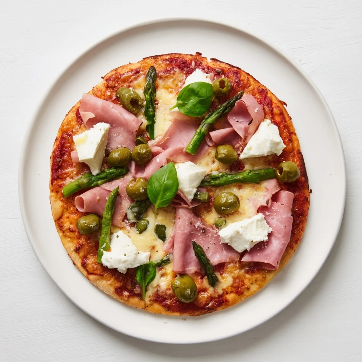 A close-up of a golden Ham, Olive, Asparagus, and Ricotta Pizza with fresh basil garnish. 