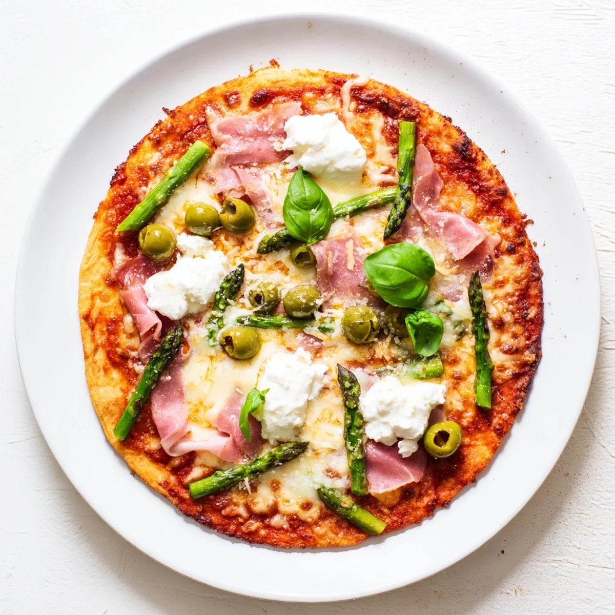 Freshly baked Ham, Olive, Asparagus, and Ricotta Pizza on a rustic wooden cutting board. 
