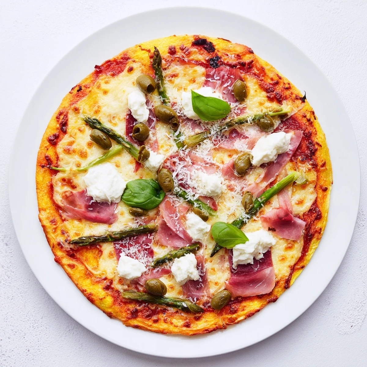 A vibrant slice of Ham, Olive, Asparagus, and Ricotta Pizza showcases melted cheese and vegetables.
