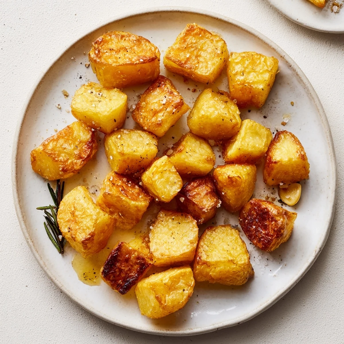 Perfect Crispy Roast Potatoes served golden and crunchy next to a roast chicken on a rustic dinner plate.