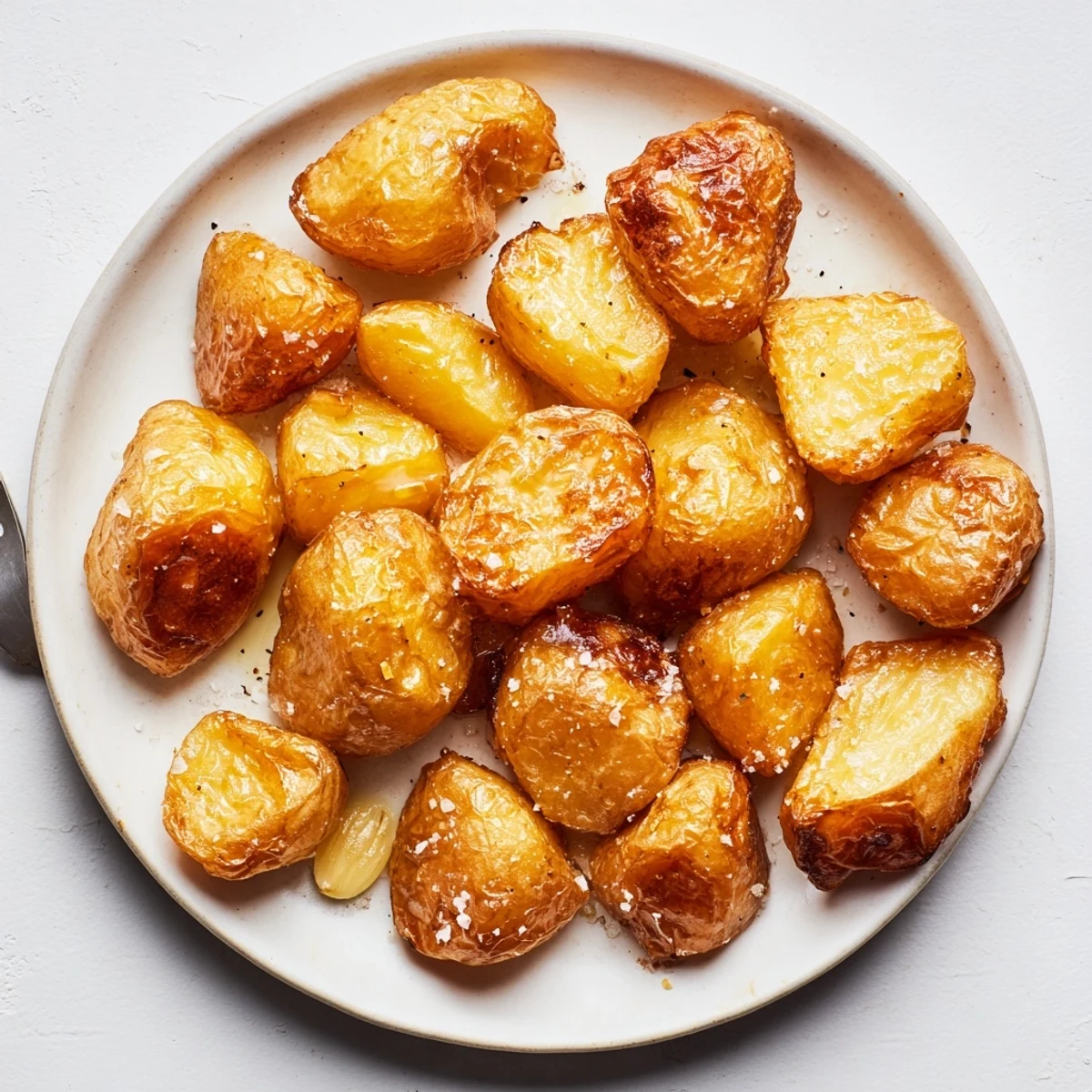 Perfect Crispy Roast Potatoes piled high in a white serving bowl, ready to be eaten with gravy.
