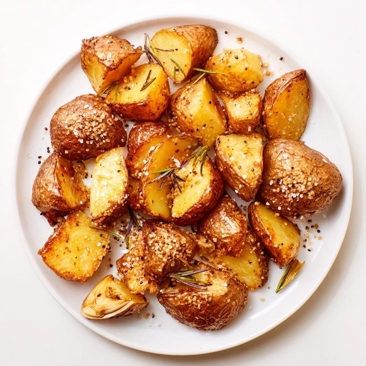 Close-up of Perfect Crispy Roast Potatoes with fluffy insides and rosemary sprigs on a wooden board.