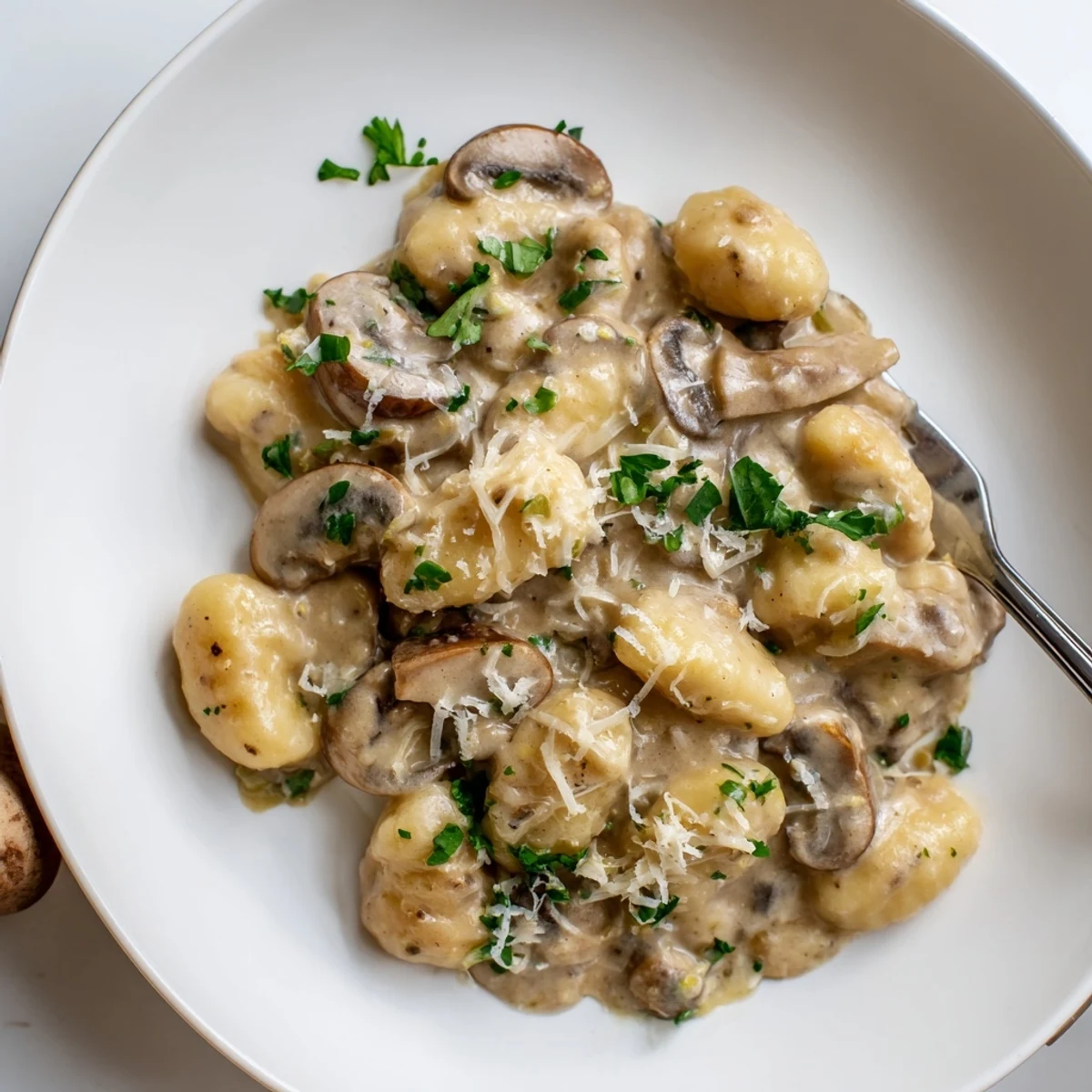 Close-up of Creamy Mushroom Gnocchi with silky sauce and golden mushrooms, perfect for a comforting vegetarian dinner.