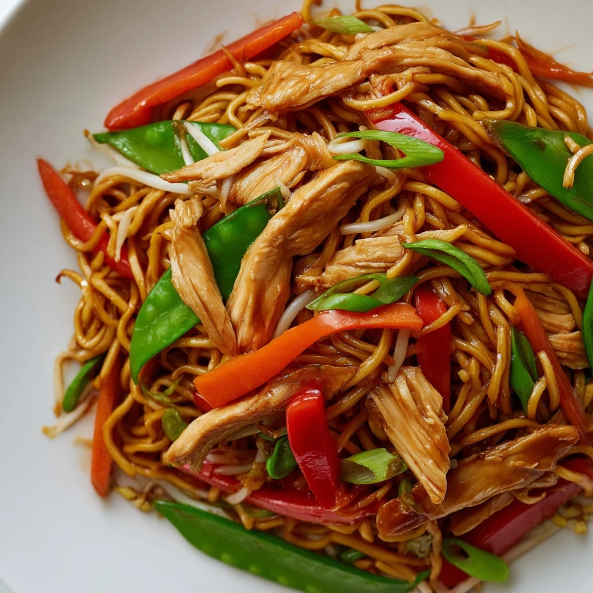 A close-up of Chicken Chow Mein plating with colorful veggies, savory sauce, and fresh scallion garnish.
