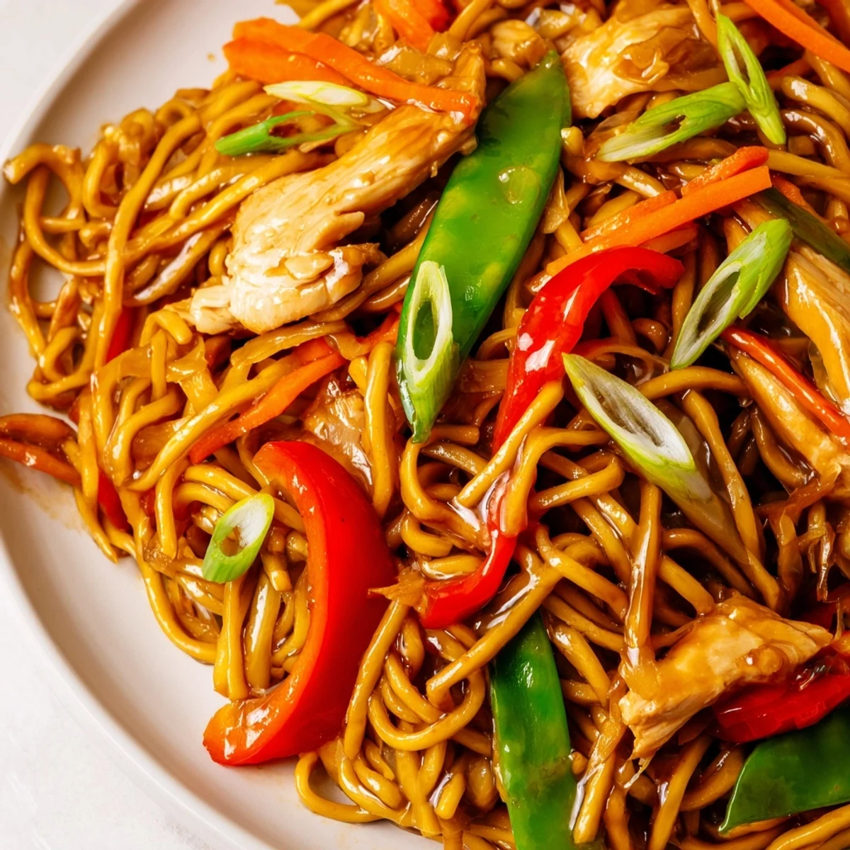 Close-up of Chicken Chow Mein featuring glossy noodles, crunchy snow peas, and savory chicken pieces.
