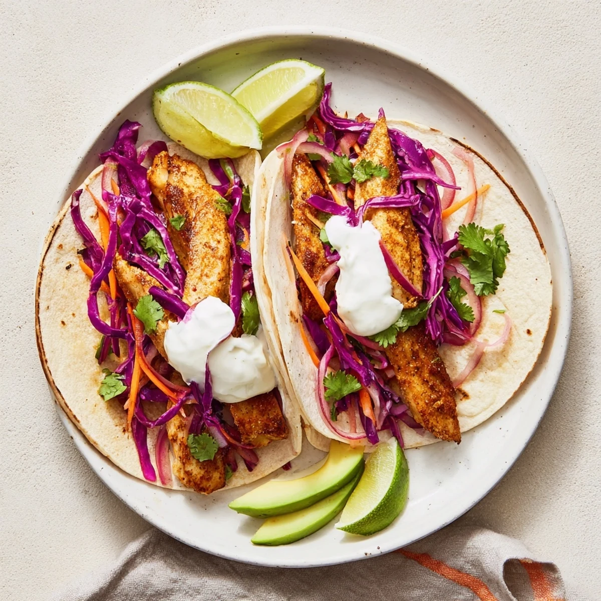 Fragrant Easy As Aussie Barra Tacos filled with flaky fish, crunchy red cabbage slaw, and creamy avocado on a warm tortilla.  