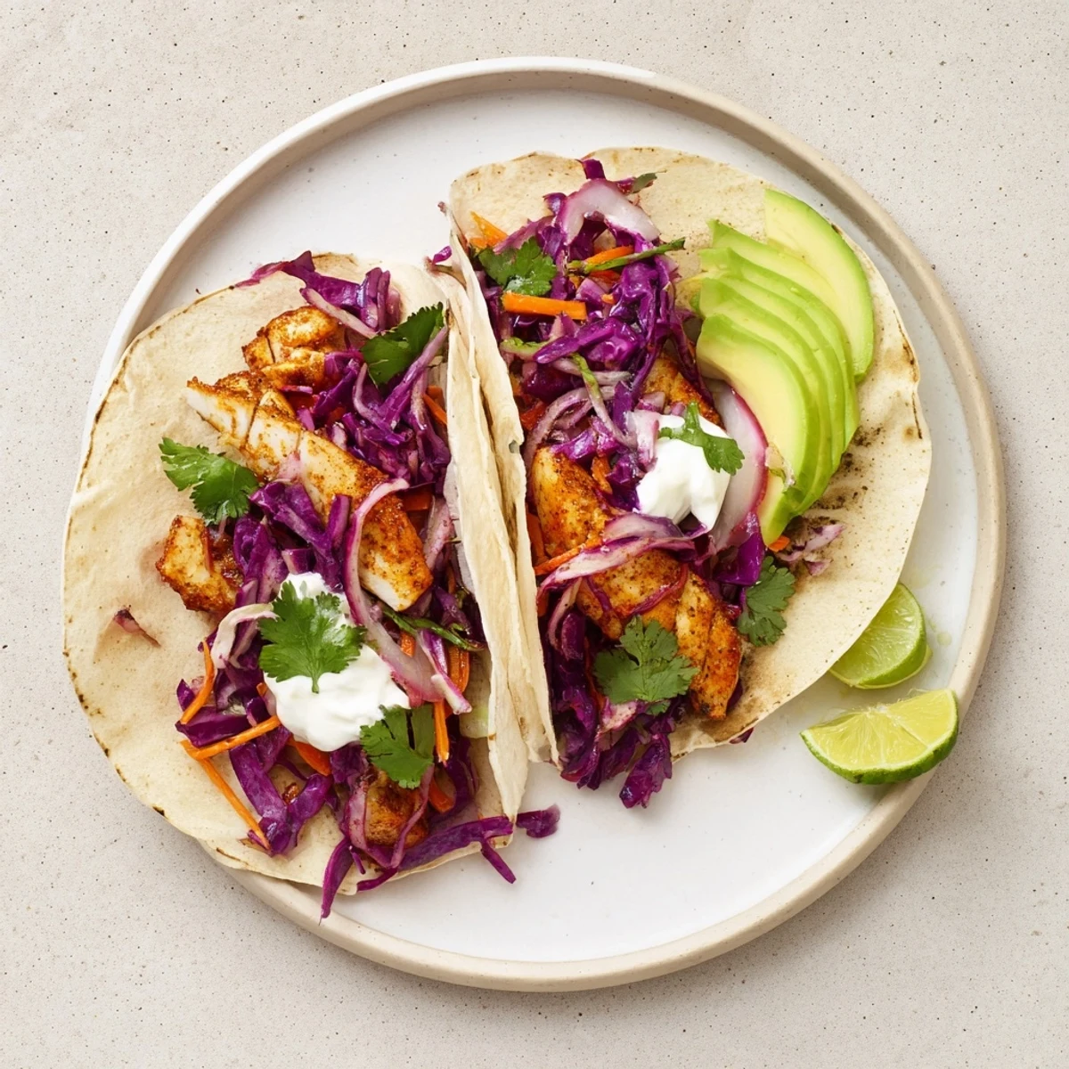 Colorful platter of Easy As Aussie Barra Tacos featuring seasoned fish, vibrant slaw, and fresh cilantro garnish for a healthy meal.