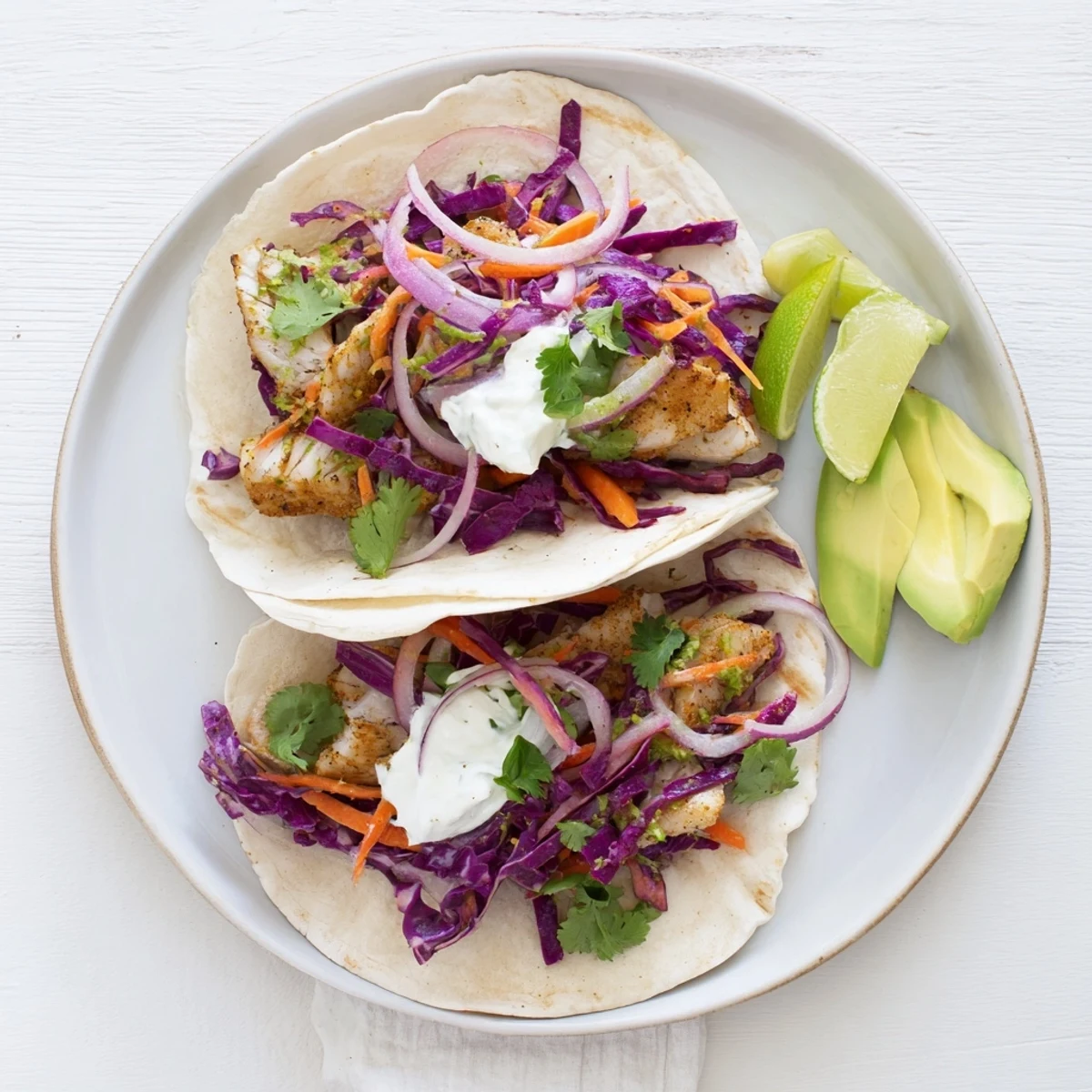 A close-up view of Easy As Aussie Barra Tacos with grilled barramundi, fresh lime wedges, and a dollop of sour cream.  