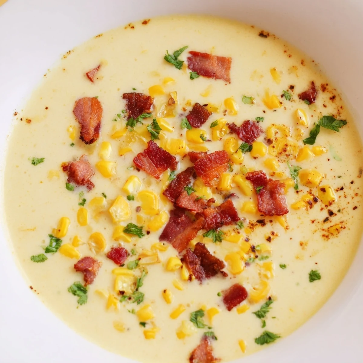 Steaming bowl of creamy Hot Yoghurt Soup with Corn, Bacon, and Coriander, topped with crispy bacon bits and fresh herbs.