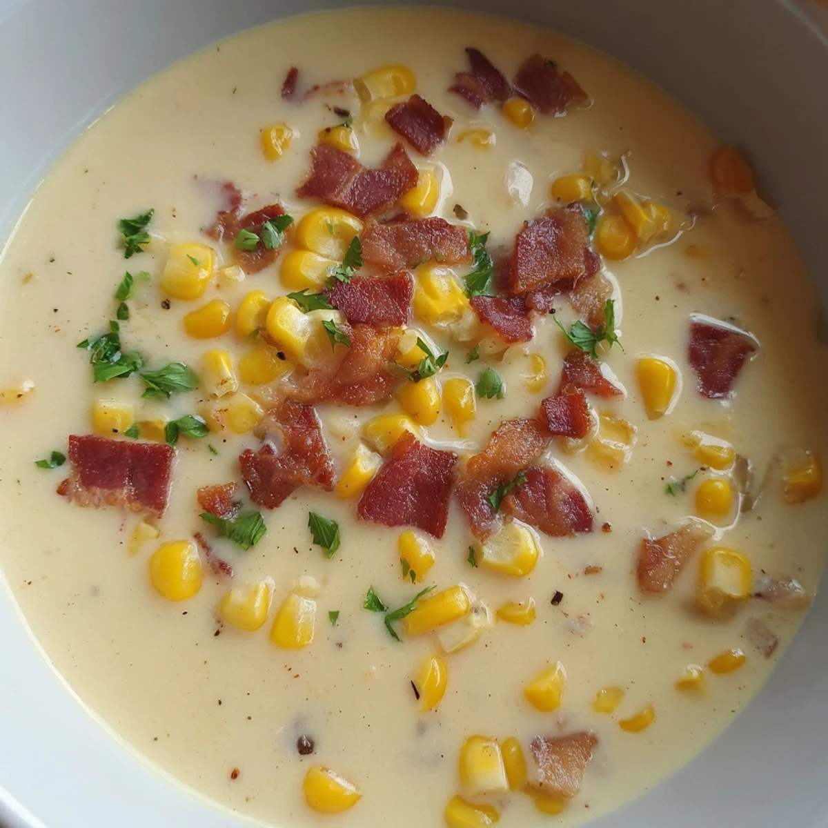 In a rustic kitchen setting, Hot Yoghurt Soup with Corn, Bacon, and Coriander is served in a white bowl beside crusty bread.